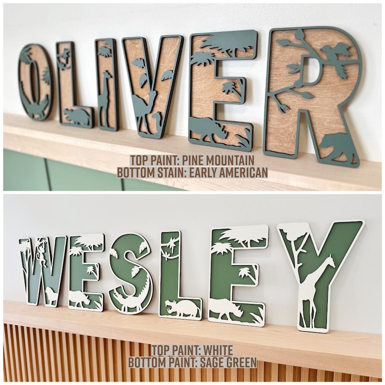 Op de afbeelding: Houten naamuitsparingen, "OLIVER" en "WESLEY", met een gelaagd ontwerp. "OLIVER" heeft dennenbergverf en Early American-vlek. "WESLEY" heeft witte en saliegroene verf. Elke letter heeft dier- en plantuitsparingen.
