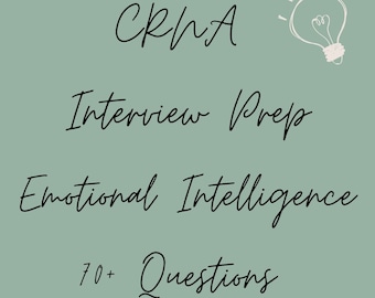 May include: A light green background with black text that reads "CRNA Interview Prep Emotional Intelligence 70+ Questions" and a white box with black text that reads "CRNA Roadmap" and "FELICIA DUKES". A light gray lightbulb icon is in the top right corner.