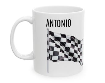 Personalized Race Car Flag Coffee Mug, Racing Fan Gift