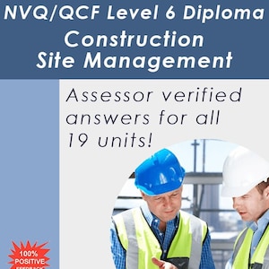 May include: Two construction workers wearing hard hats and safety vests look at a tablet computer. The text on the image reads "NVQ/QCF Level 6 Diploma Construction Site Management Assessor verified answers for all 19 units! 100% POSITIVE FEEDBACK UK SELLER CONSTRUCTION SKILLS CERTIFICATION SCHEME www.NVOLEVEL.com 00000000 September 20XX The registered holder of this card holds the construction qualifications listed on the reverse"
