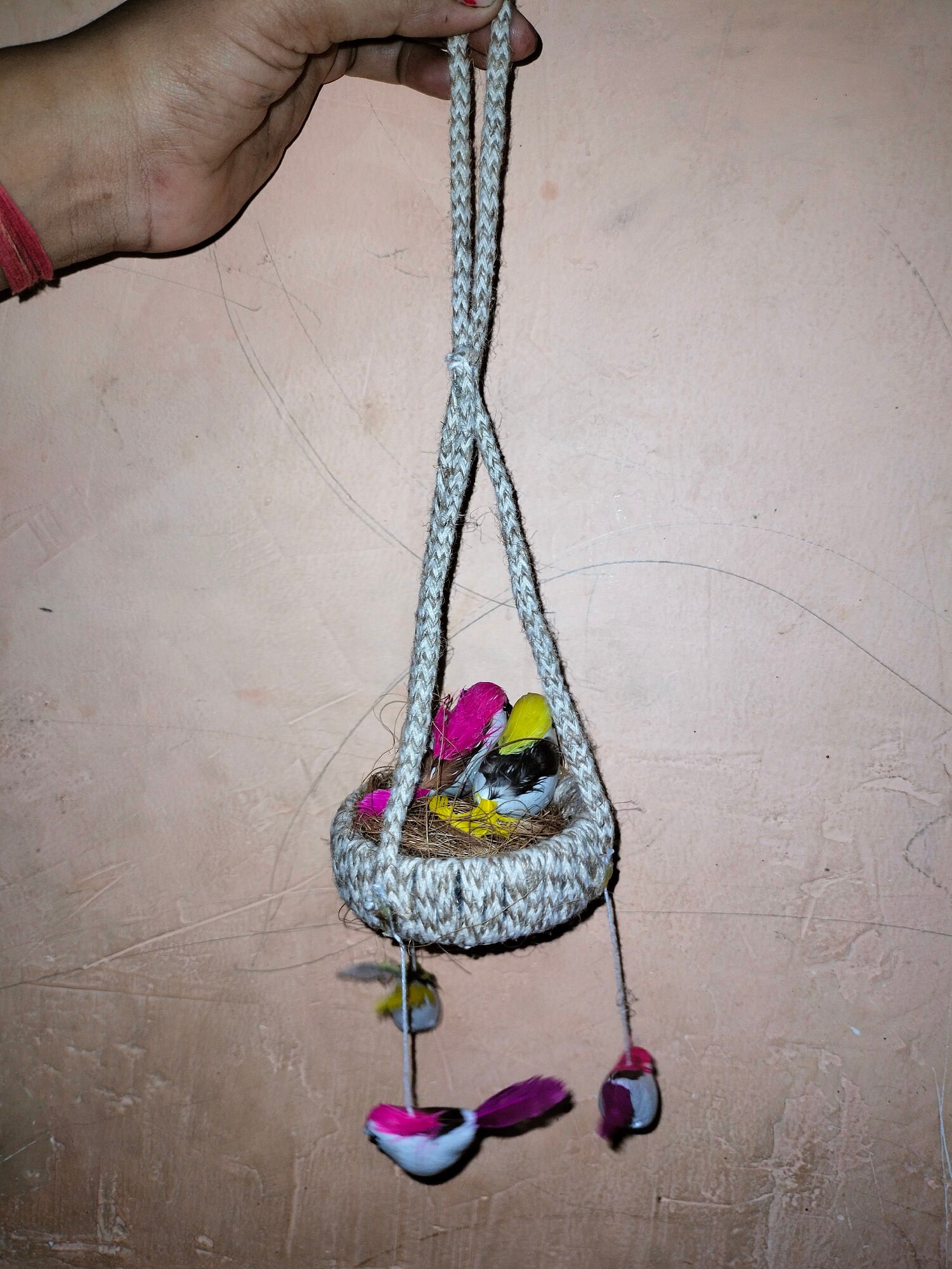 Handmade ropes birds hanger with 2 birds sitting in nest and 3 Etsy