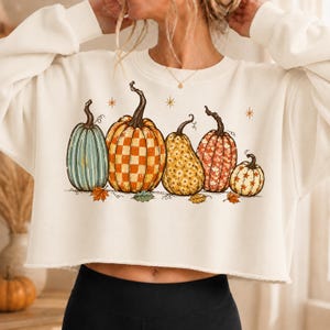 Könnte beinhalten: Ein cremefarbenes bauchfreies Sweatshirt mit einem Grafikdruck von fünf Kürbissen mit verschiedenen Mustern wie Streifen, Karos, Blumen, Schuppen und Sternen, akzentuiert durch kleine orangefarbene Blätter und Sternsymbole auf der Vorderseite.
