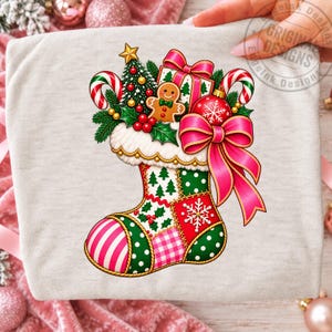 Christmas Stocking PNG, Whimsical Patchwork Holiday Shirt Design, Pink Red Green Christmas Artwork, Cute Festive Digital Download