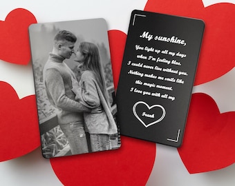 Romantisches Andenken für Valentinstag - Metallkarte mit Bild und Liebesbrief
