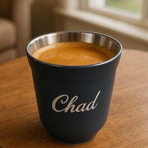 May include: A dark blue ceramic mug with a silver rim, filled with coffee and the name "Chad" inscribed on the side.