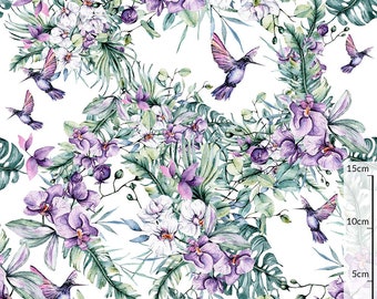 Hummingbird Flower Orchid digital print premium cotton,Floral purple 100% Quilting sewing fabric  width 155 cm/61 in