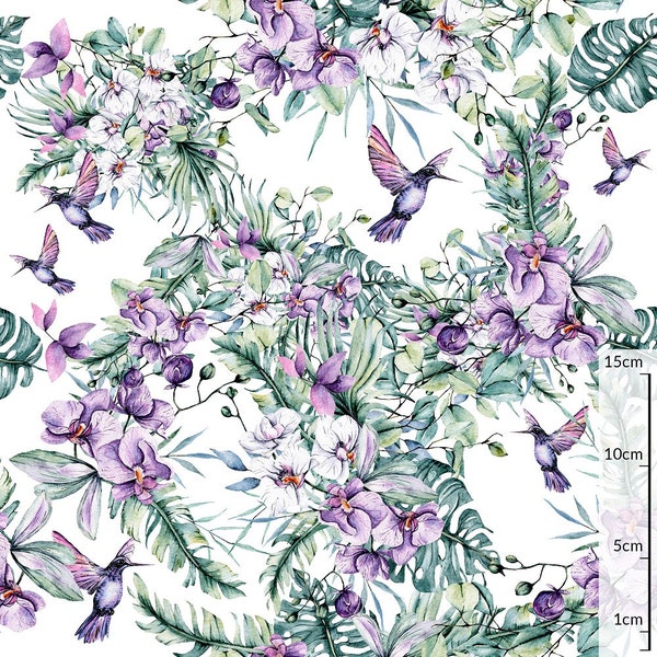 Colibri fleur orchidée impression numérique coton premium, floral violet 100% Quilting tissu à coudre largeur 155 cm/61 in