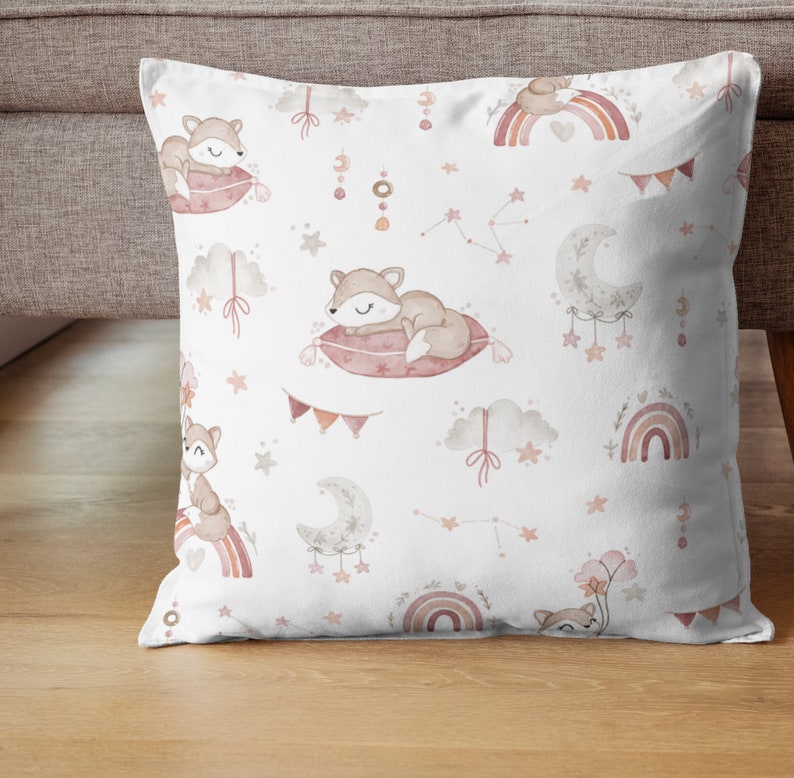 Tissu en coton haut de gamme aquarelle rose renard/tissu pour chambre d'enfant moderne croissant d'étoiles arc-en-ciel renard au mètre/couture matelassée coton OEKO-TEX image 6