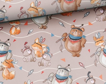 Katoenstof beer en vos: Boho Woodland-kinderkamerprint