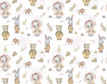 Retro Toys Cotton Fabric: Elephant, Bear, Bunny Print - OEKO TEX