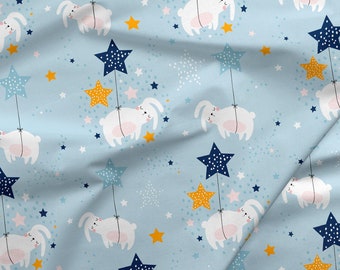 Tissu doux lapin-Lapin endormi en coton bleu clair-Tissu en coton pour bébé-Étoiles de haute qualité en coton premium tissu respectueux de l'environnement