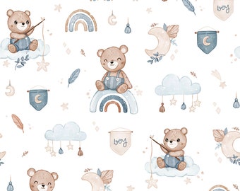 Tessuto con orsetto acquerello: cotone per bambini blu OEKO-TEX