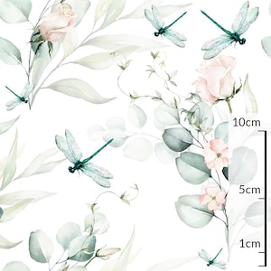 Roses Dragonfly Eucalyptus Leaves Cotton Fabric Watercolor Premium Cotton Fabric Floral Leaves Fabric by the yard Width 160 cm/ 63 in