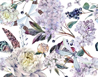 Purple Floral Premium Cotton High Quality Fabric/Butterfly Lilac Peony Fabric/Summer Flower/Watercolor Premium Fabric/Summer dress pattern