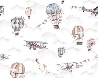 Airplane fabric/Vintage Plane Fabric/Digital Print premium cotton/Boy's world fabric/Plane nursery fabric Balloons fabric Width 155cm/61"