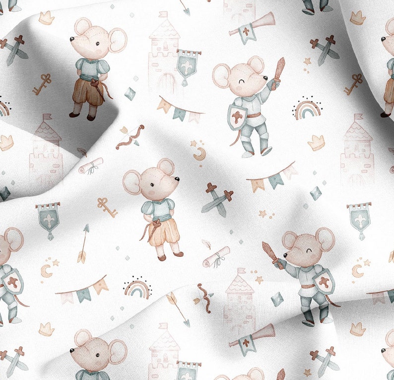 May include: A seamless pattern featuring watercolour illustrations of cute mice dressed as knights, castles, swords, keys, and flags on a white background.