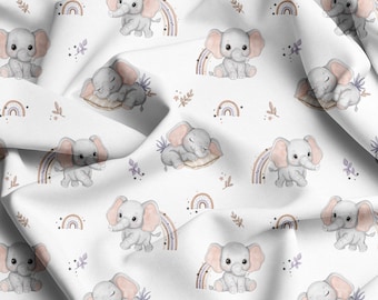 Elephant Rainbow Cotton Fabric: Baby Nursery Print (155cm/61in Wide)