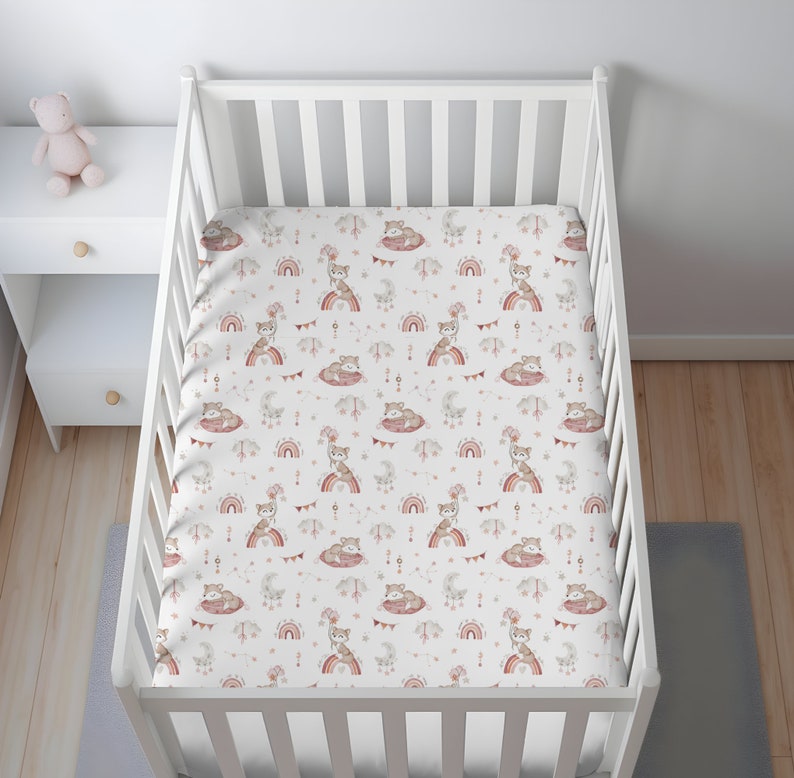 Tissu en coton haut de gamme aquarelle rose renard/tissu pour chambre d'enfant moderne croissant d'étoiles arc-en-ciel renard au mètre/couture matelassée coton OEKO-TEX image 5