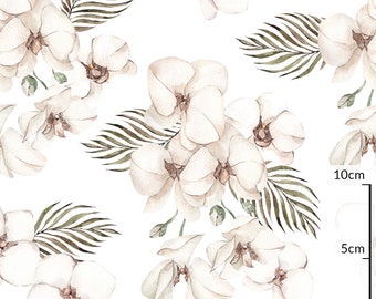Flower Print Premium Cotton,Orchid Watercolor Fabric,Garden Floral Leaves 100% Cotton fabric by the meter,Nature fabric,Quilting sewing
