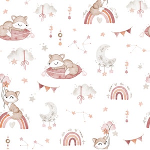Tessuto di cotone premium color rosa volpe con motivo acquerello/Tessuto moderno per cameretta dei bambini con motivo a mezzaluna e stelle arcobaleno volpe al metro/Cotone per quilting e cucito OEKO-TEX
