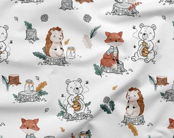 Tela de animales de erizo y zorro, diseño de animales del bosque para guardería moderna, tela de algodón premium estampada, tela de bosque, tela ecológica, ancho 155 cm/61 pulgadas
