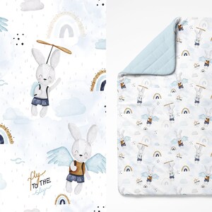 Bunnies on the Rainbow Cotton Fabric, Bunny Modern Nursery, Premium Digital Print Cotton,Rainbow fabric,Width 155cm /61&quot;
