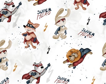 Super Hero Animal Fabric: Lion, Fox, Bunny Nursery Cotton