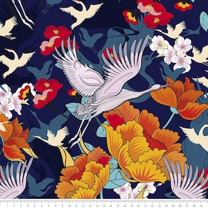 Heron With Flower Premium Cotton Fabric-Tropical Wild Flowers Crane Heron Eco Friendly Cotton-Birds Fabric