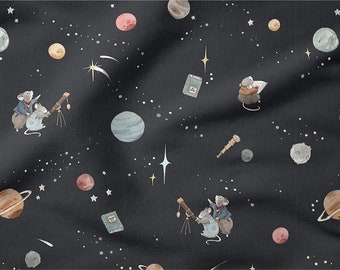 Tessuto ecologico con simpatico topo - Space Planet Premium Cotton Eco Friendly Nursery Cotton - Cotone nero