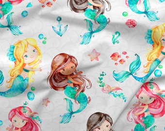 マーメイド プレミアム コットン生地、海の生き物、マリン シー コットン生地、女の子用生地、キルティング ソーイング生地、ハーフ ヤード/ハーフ メートル