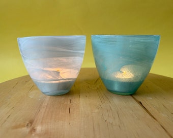 Set of Candle holders or bowls / Painted Glass / Sea Glasbruk - Kosta, Sweden / Candy Series