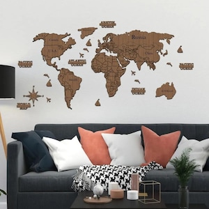 Mapa del mundo detallado en 2D marrón, decoración de pared en inglés