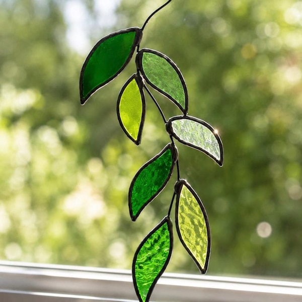 Real Stained Glass Leaf Vine Suncatcher, Green Botanical Window Hanging