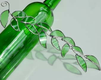 Wine Bottle Glass Long Vine Sun Catcher, for window. Quirky and Unique. Curved 3D Realistic Leaves