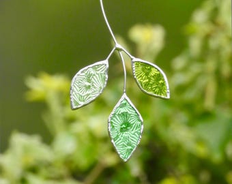 Real Stained Glass Sun Catcher Leaf Branch, Window Art. Small Trio of Green Leaves