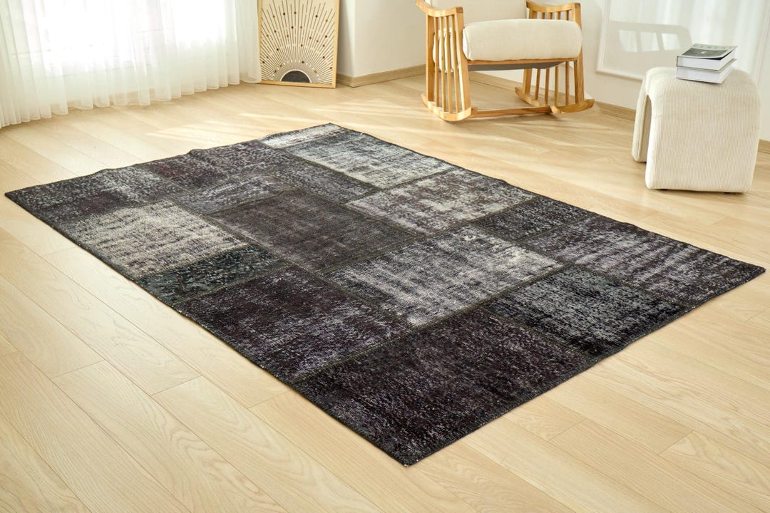 6x8 Turkish Patchwork Rug - Zandra | 6x8 Black Rug Hand-knotted Wool ...