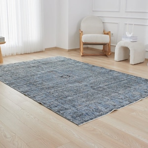 6 x 9 vintage Turks tapijt - Letizia | 6 x 9 blauw tapijt handgemaakt wollen tapijt voor eetkamer | Groot vloerkleed | Antiek vloerkleed voor boho-decor