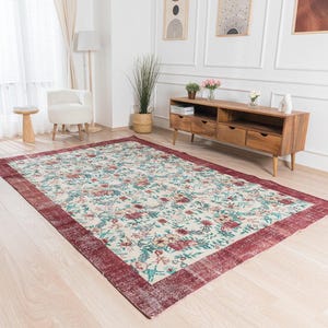 7x10 Beige Vintage Turkish Handmade Rug - Natira | Beige Wool Area Rug, Unique Oriental Oushak Carpet, Antique Carpet for Interior Design
