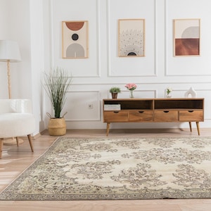 7x11 Beige Vintage Turkish Hand-Knotted Rug - Indira | Beige Wool Area Rug, Unique Oriental Oushak Rug, Antique Rug for Interior Design