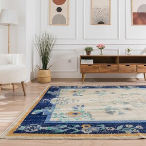 7x11 Beige Vintage Turkish Handwoven Rug - Solene | Beige Wool Area Rug, Unique Oriental Oushak Carpet, Antique Carpet for Home Decor