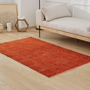 4x7 Vintage Turkish Rug - Emmalee | 4x7 Orange Rug | Handmade Wool Carpet for Kitchen | Small Area Rug | Antique Rug for Farmhouse Decor
