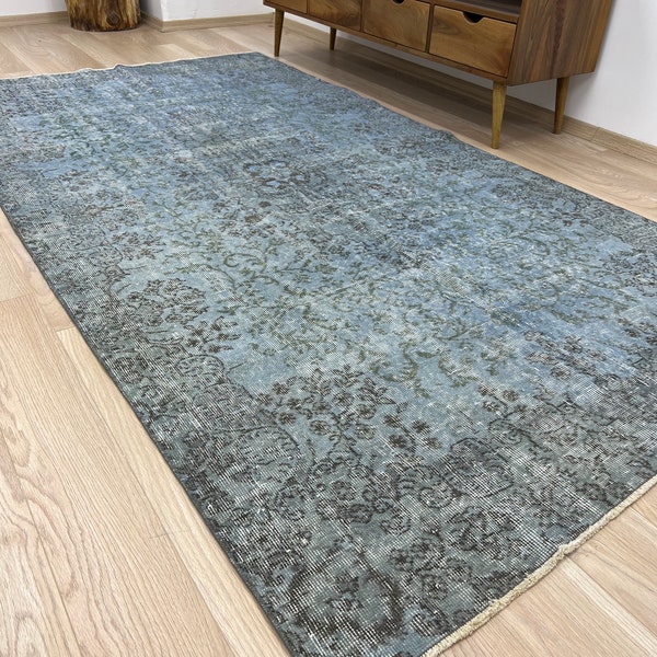 Alfombra azul sobreteñida, 5'2 x 9'9 FT / 157 x 297 CM, alfombra turca vintage, alfombra de área de lana, alfombra de sala de estar, alfombra Oushak, tejida a mano, decoración Boho 19377