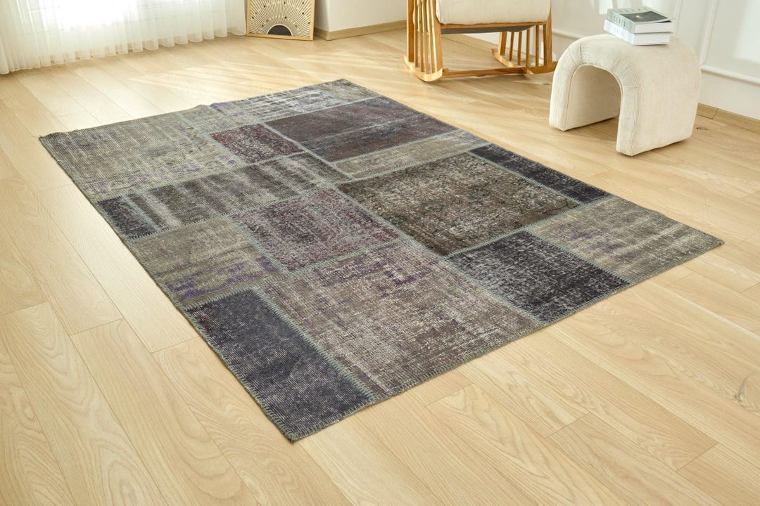 6x8 Turkish Patchwork Rug - Christina | 6x8 Gray Rug Handwoven Wool ...