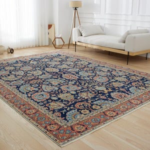 9x12 Turkish Oriental Rug - Landon | 9x12 Blue Rug Handmade Wool Carpet for Living Room | Oversized Area Rug | Antique Rug for Home Decor