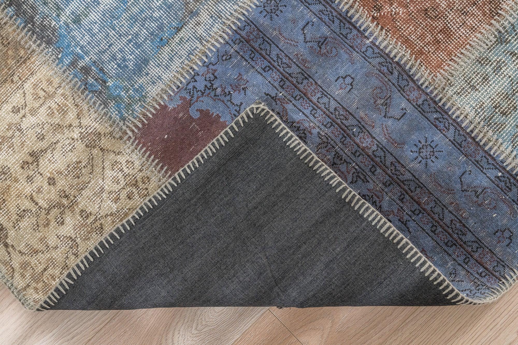 Blue Turkish Patchwork Rug: Vintage Wool Oushak Carpet (6'7