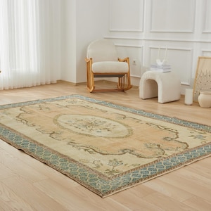 7x10 Vintage Turkish Rug - Gracie | 7x10 Beige Rug Handwoven Wool Carpet for Living Room | Large Area Rug | Antique Rug for Home Decor