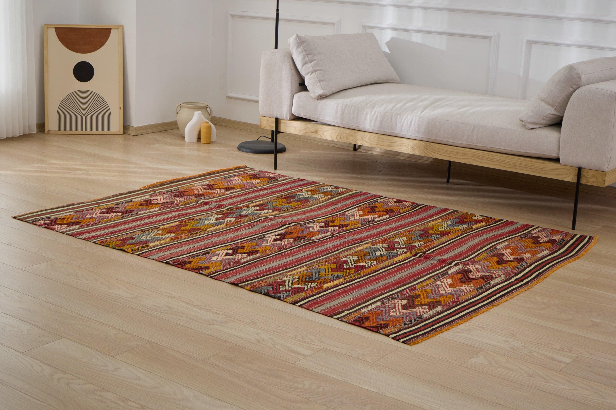 5x7 Turkish Kilim Rug - Chasity | 5x7 Red Rug Hand-knotted Wool Carpet for Entryway | Small Area Rug | Antique Rug for Farmhouse Decor