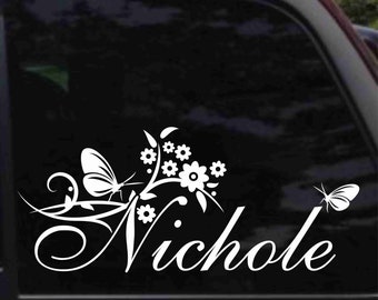 Personalized Name with Butterflies and Flowers Decal Sticker