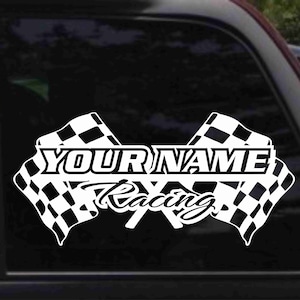 Personalized Racing Name with Checkered Flags Decal Sticker
