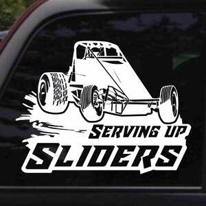 May include: White silhouette of a race car with the text "SERVING UP SLIDERS" below it. The car is on a white background.